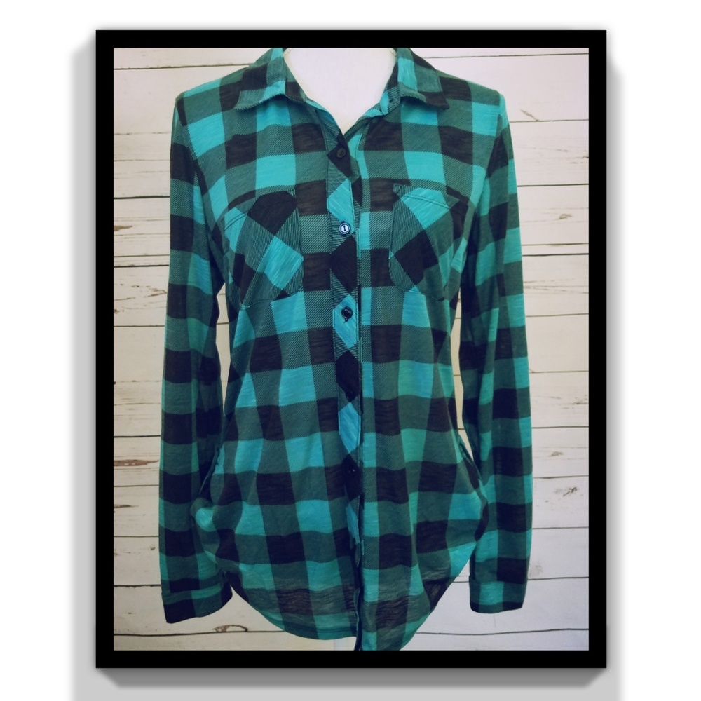 Teal and Black Plaided Buttom Down Shirt Size L